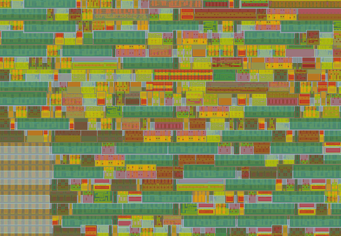 A lower-left layout crop, where the regular edge structures make the tile boundary and I/O neighborhood easier to read.