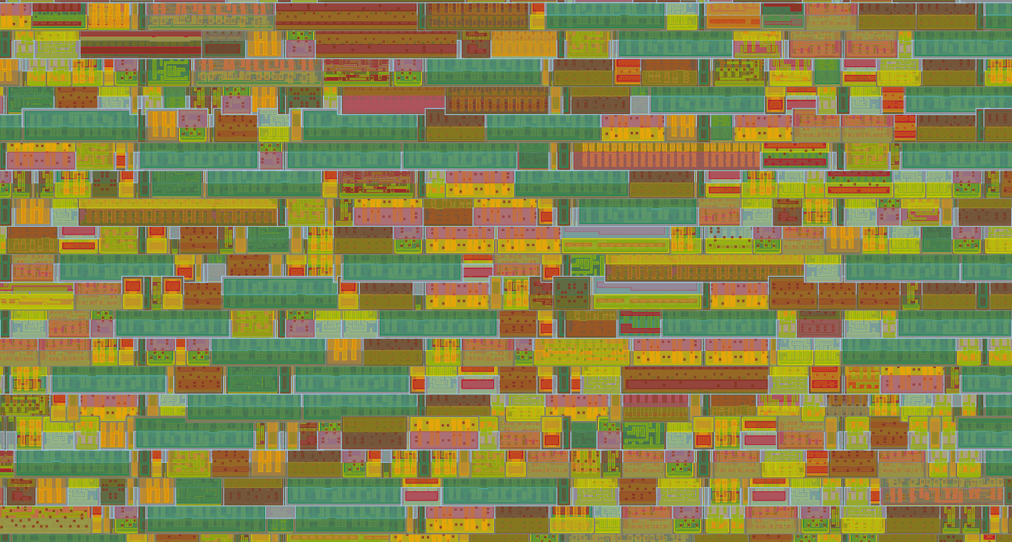 A routing-heavy crop from the GDS render — the physical consequence of turning each memory access into wires, cells, and metal.