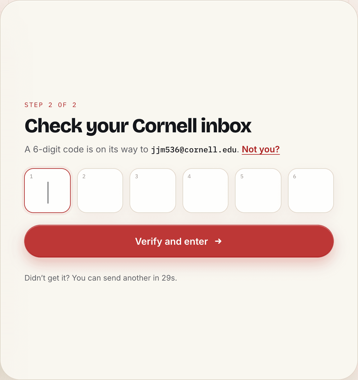 The verify step: a six-digit code, ten-minute TTL, single-use — then a signed session.