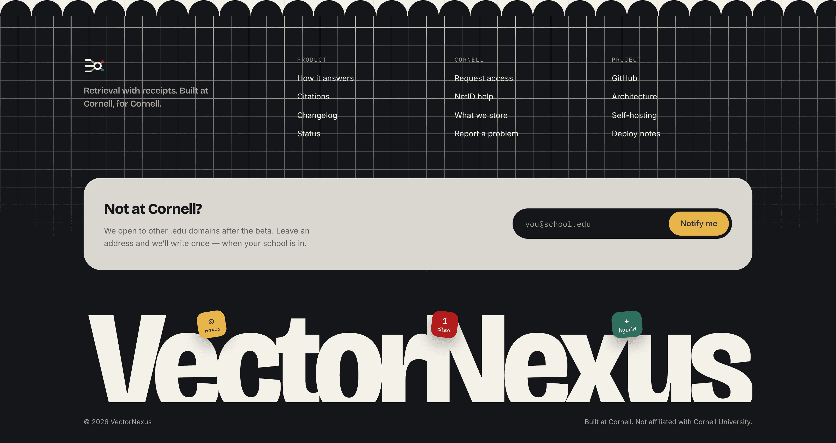 The landing page's scalloped ink footer — built at Cornell, for Cornell.